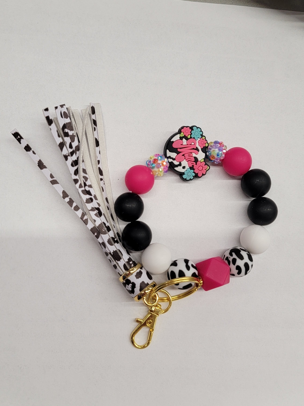 Pink & Black Beaded Wristlet Keychain with Cow Print that Says Mama
